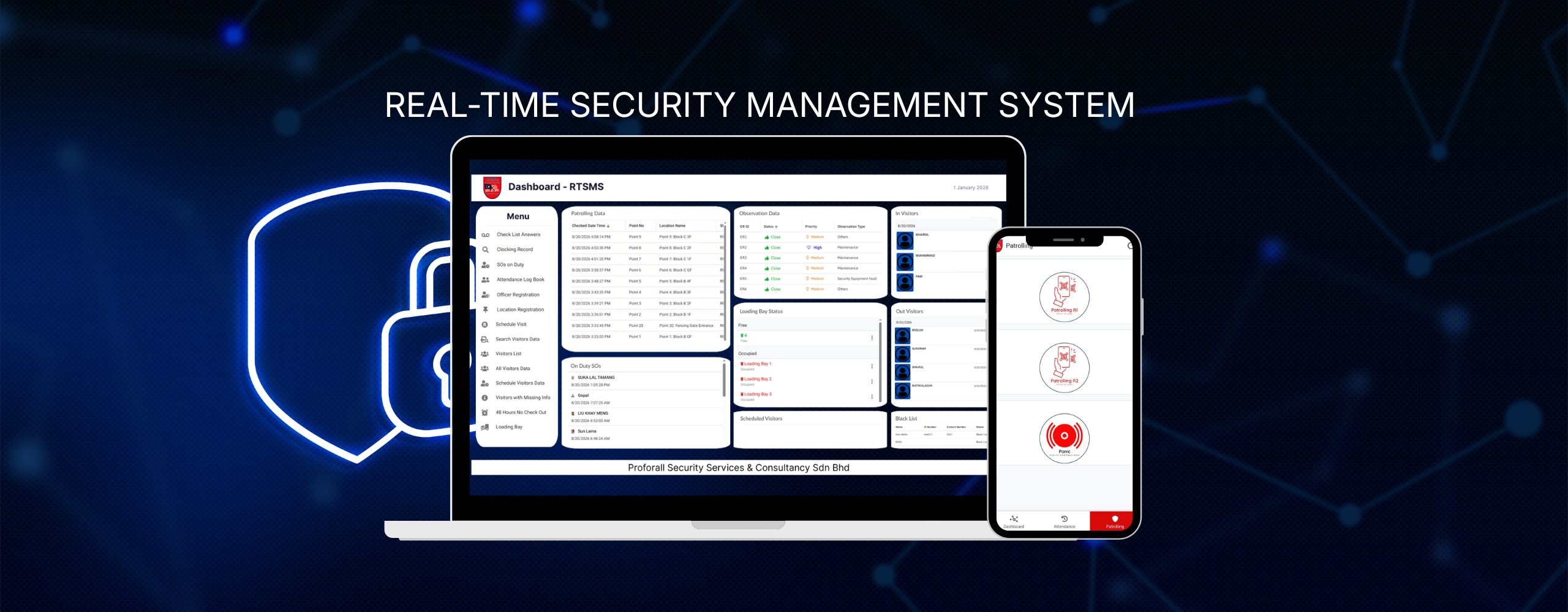 Proforall central monitoring station Malaysia — real-time site management system (RTSMS) live security dashboard on laptop and mobile