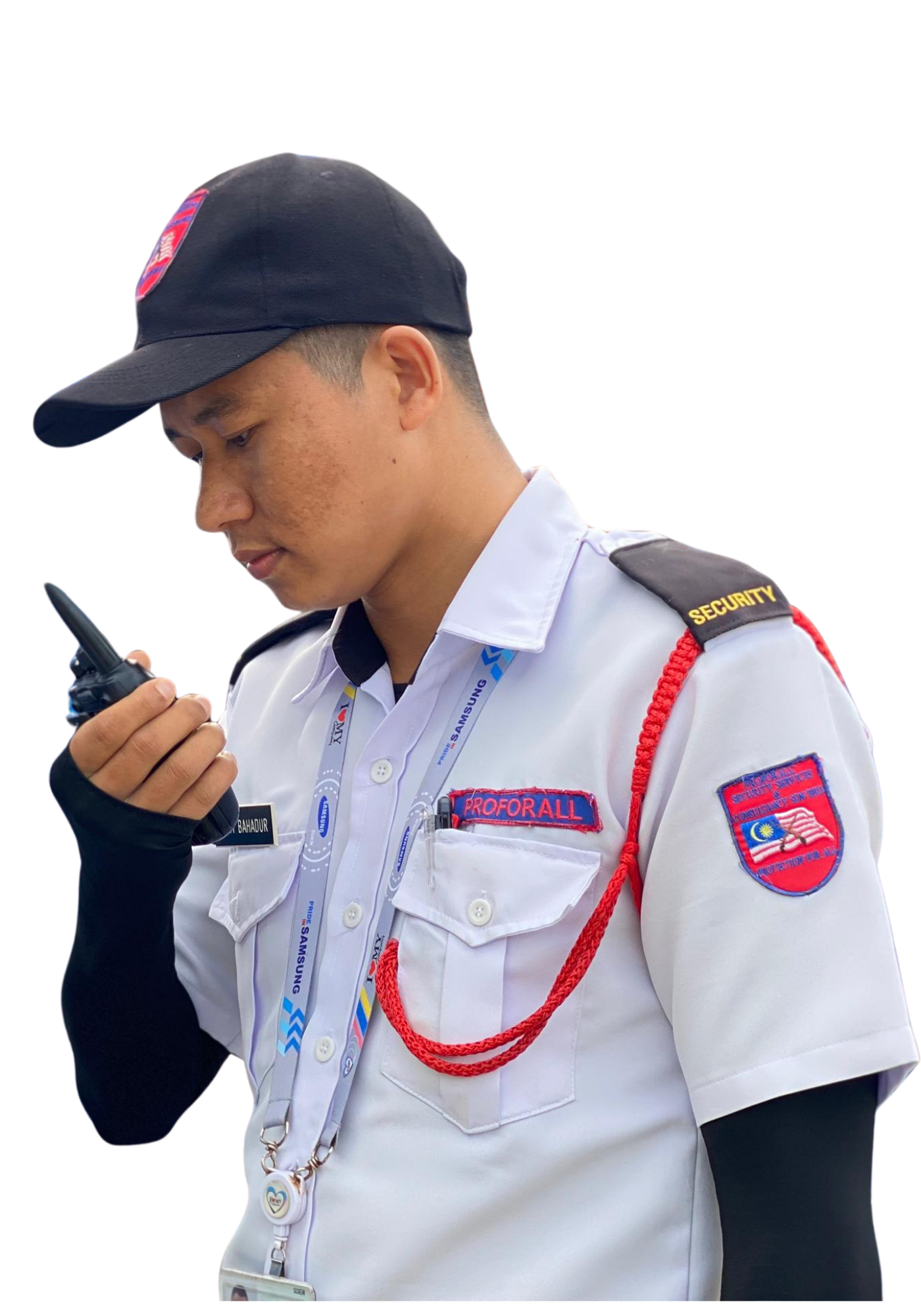 Proforall security officer on a walkie-talkie — security management company Malaysia